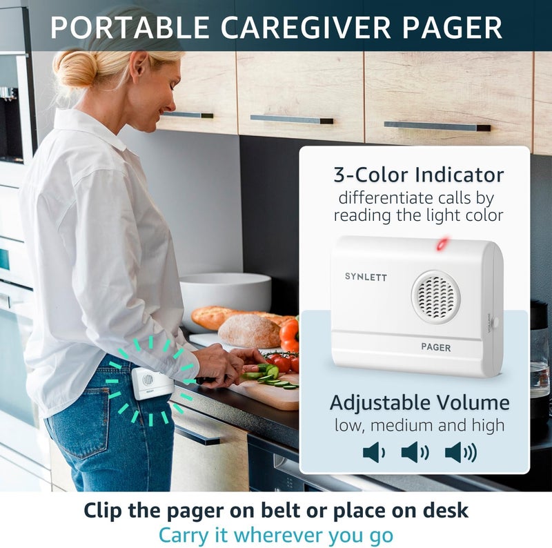 SYNLETT Bed Alarm Caregiver Pager with 2 Wireless Motion Sensors Alarm Indoor Fall Prevention for Elderly Monitoring Seniors Dementia Patients Seniors Home Door Chime - Image 3